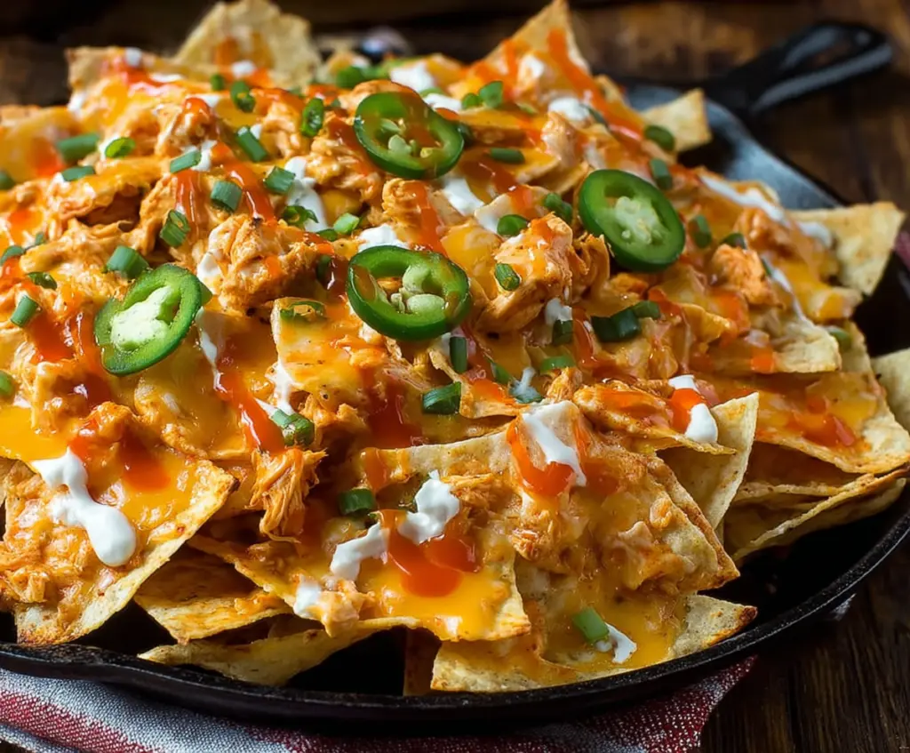 Buffalo Chicken Dip Loaded Nachos with melted cheese, crispy tortilla chips, and spicy buffalo chicken topping