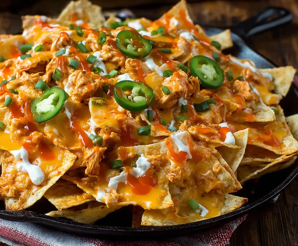Buffalo Chicken Dip Loaded Nachos with melted cheese, crispy tortilla chips, and spicy buffalo chicken topping