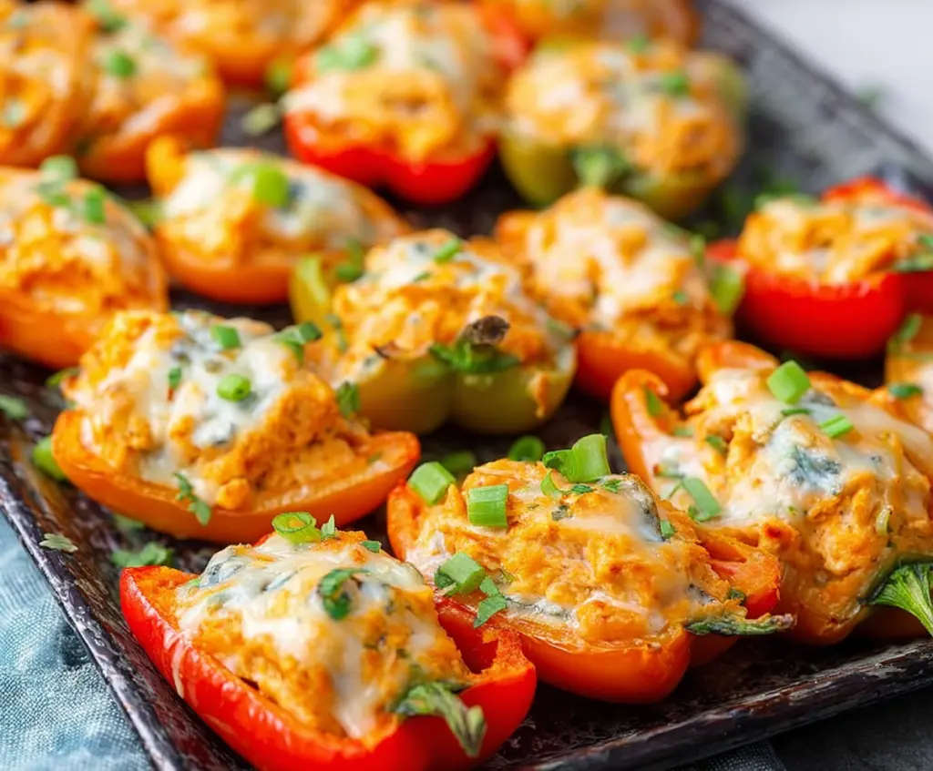 Delicious buffalo chicken dip stuffed mini peppers on a serving platter, perfect for parties and appetizers.