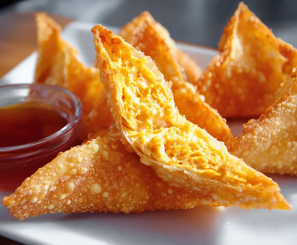 Crispy Buffalo Chicken Rangoons filled with spicy chicken and cream cheese on a white platter.