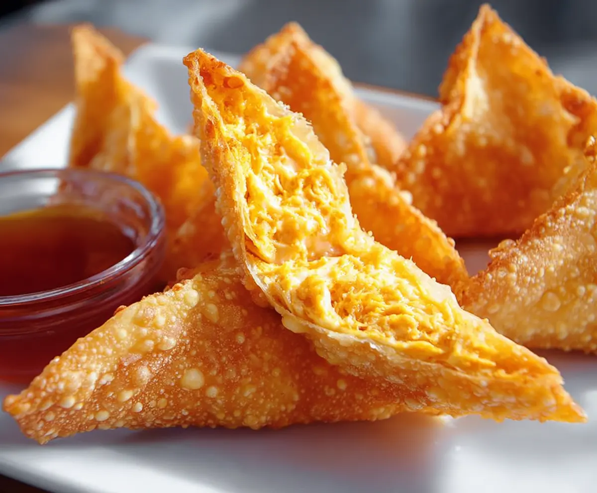 Crispy Buffalo Chicken Rangoons filled with spicy chicken and cream cheese on a white platter.