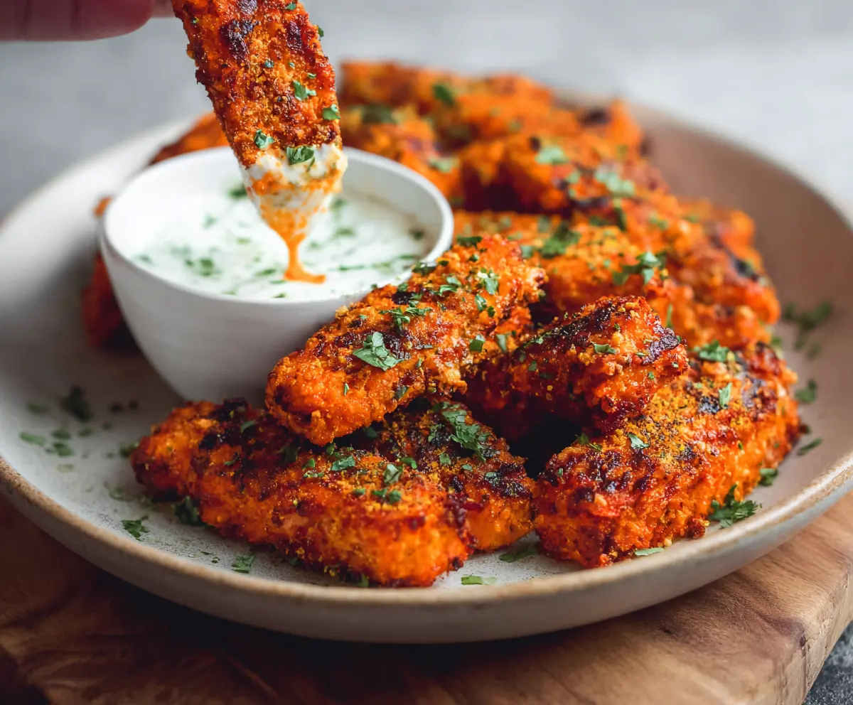 Vegan Buffalo Tofu Wings served with celery and carrots on a plate