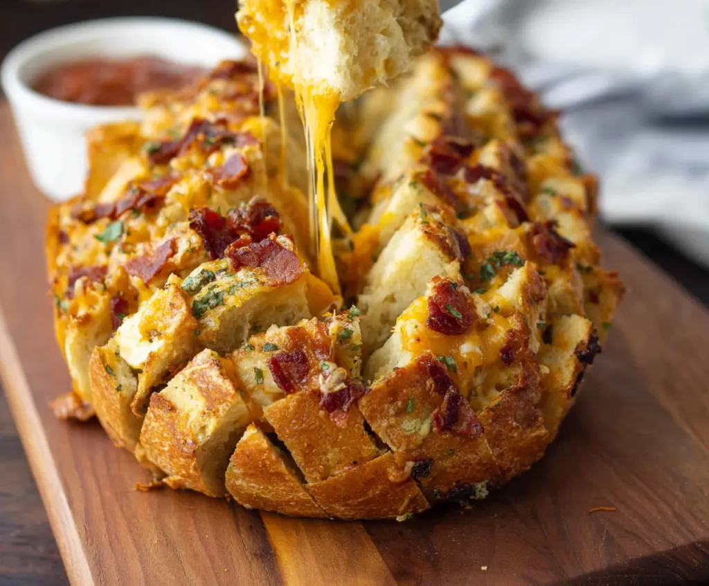 Delicious Cheesy Bacon Ranch Pull-Apart Bread with melted cheese and crispy bacon slices.