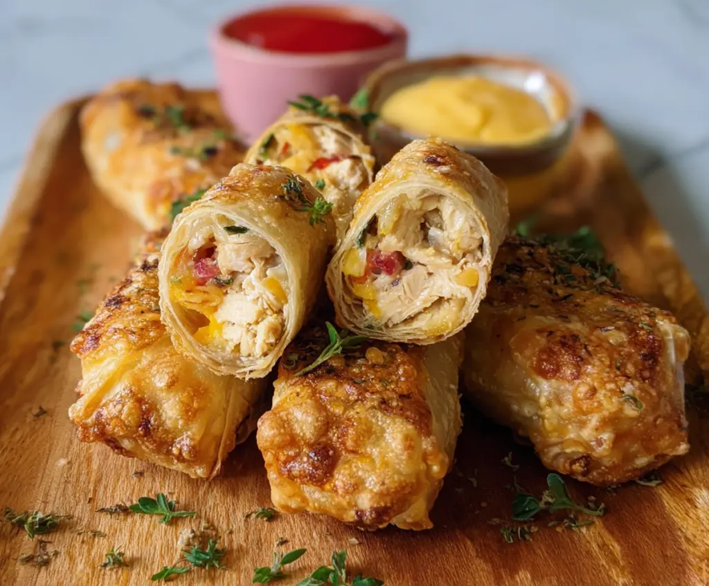 Delicious cheesy chicken spring roll, crispy on the outside and filled with melted cheese and tender chicken.