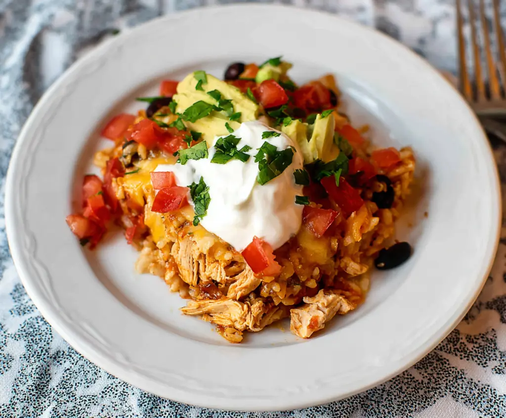 Delicious chicken burrito casserole topped with melted cheese and fresh cilantro, served in a crispy baking dish.
