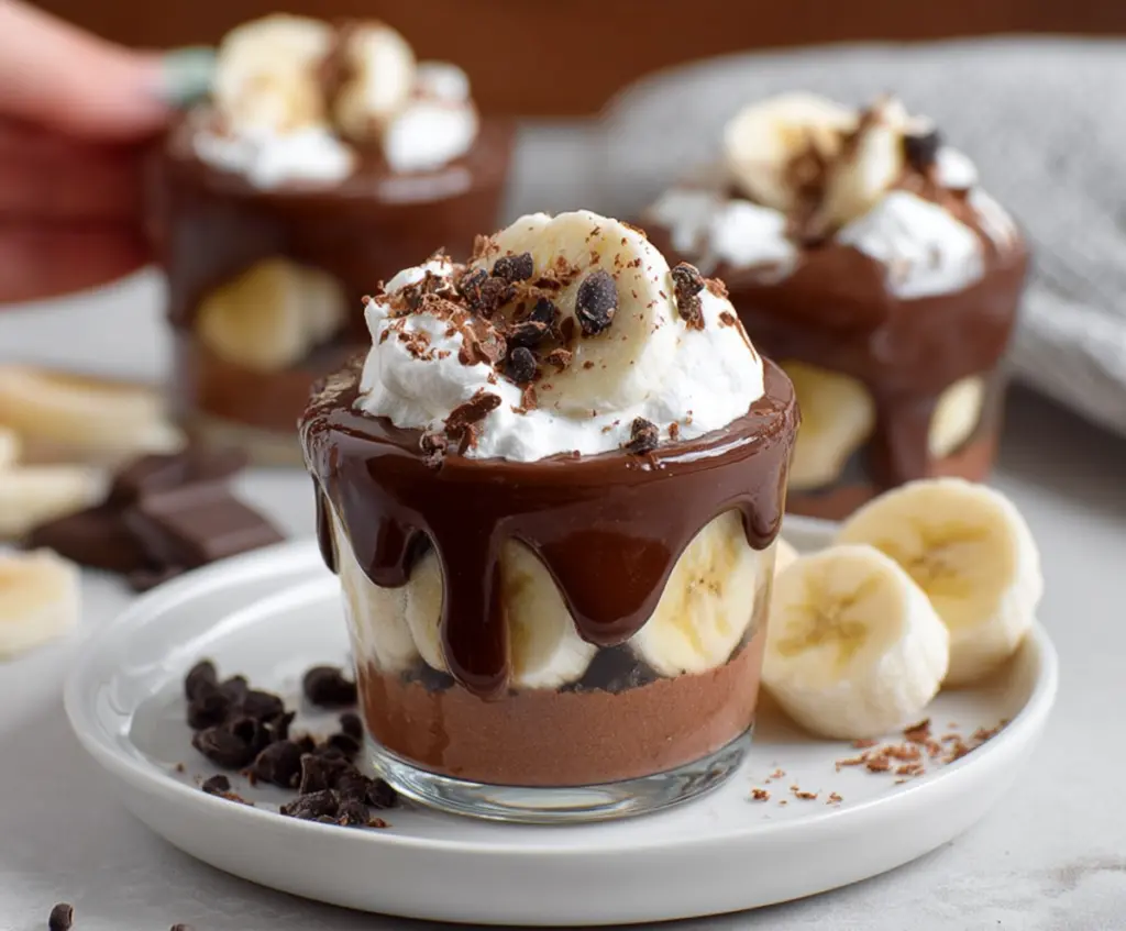 Delicious chocolate-covered banana pudding cups with creamy filling and rich chocolate coating.