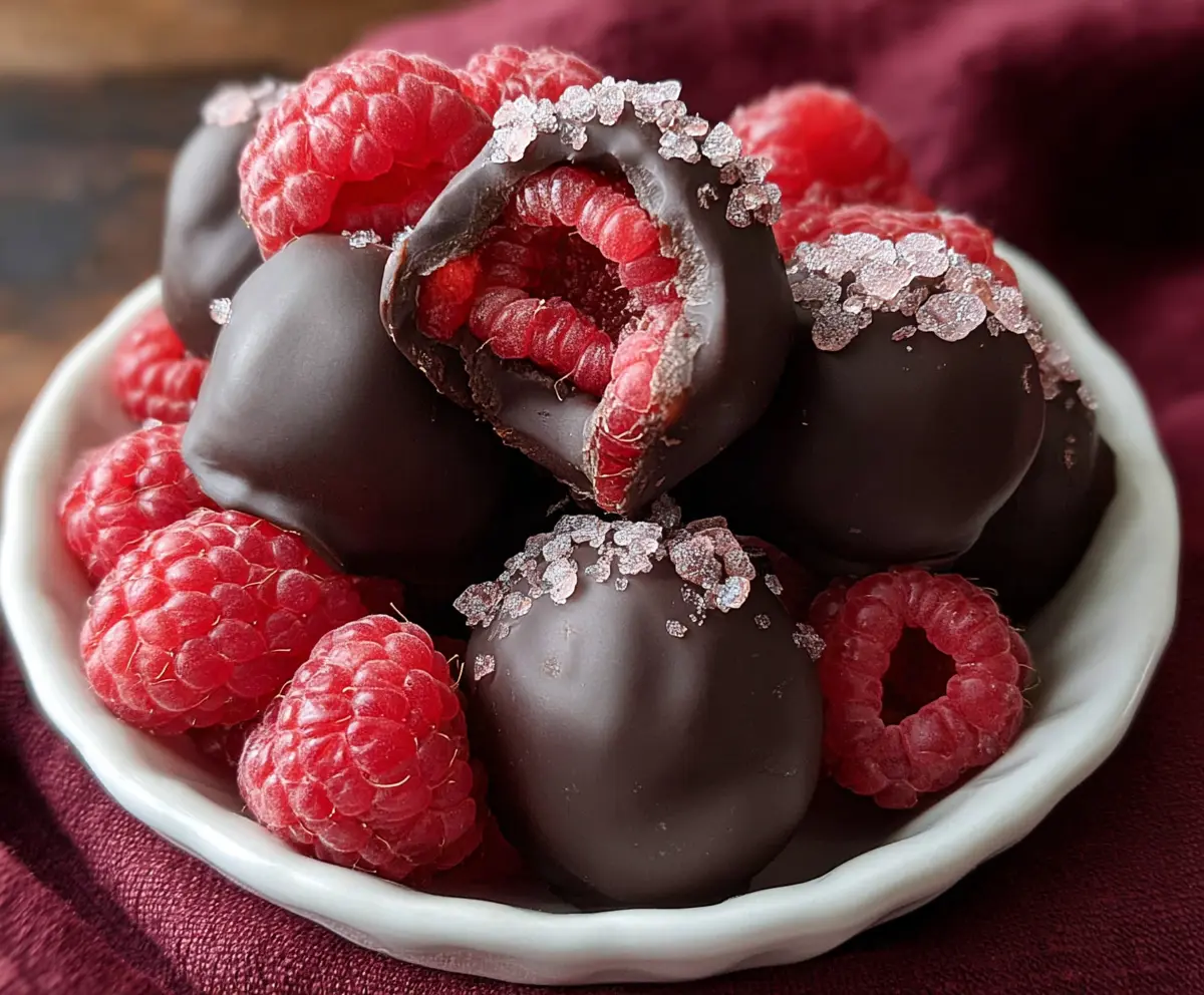 Delicious chocolate-covered raspberries with a glossy finish and fresh red berries.