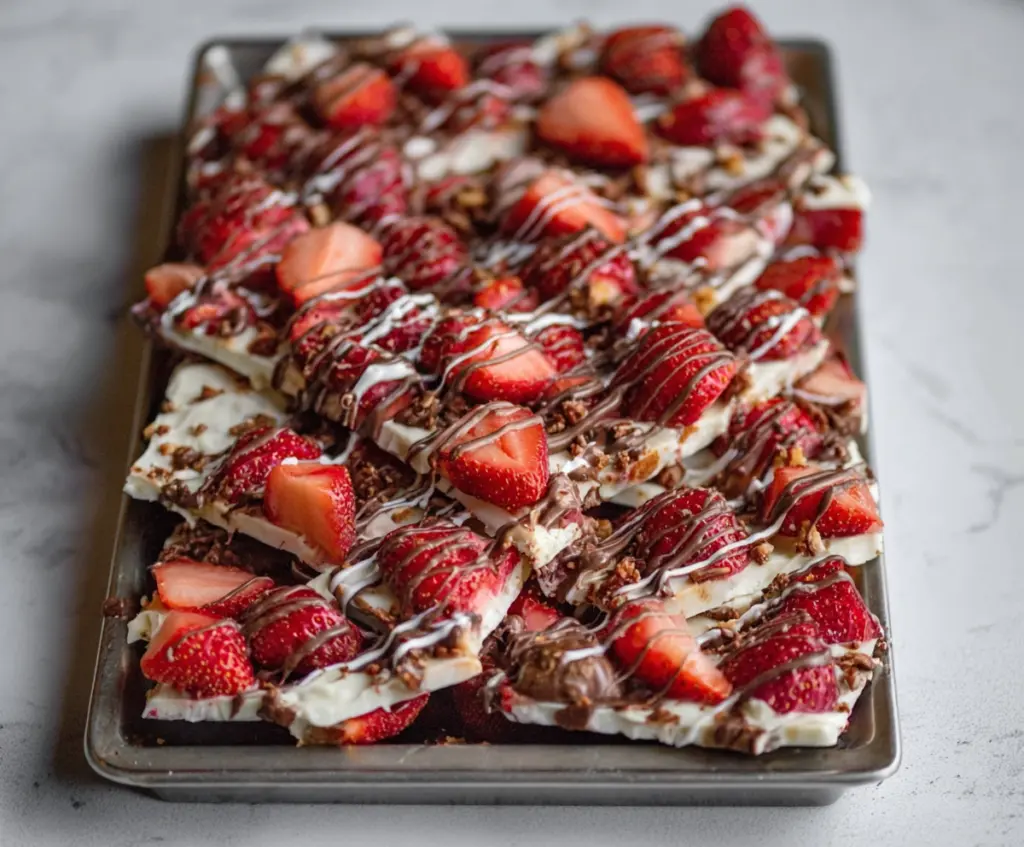 Delicious chocolate covered strawberry bark with fresh strawberries and smooth chocolate dip.