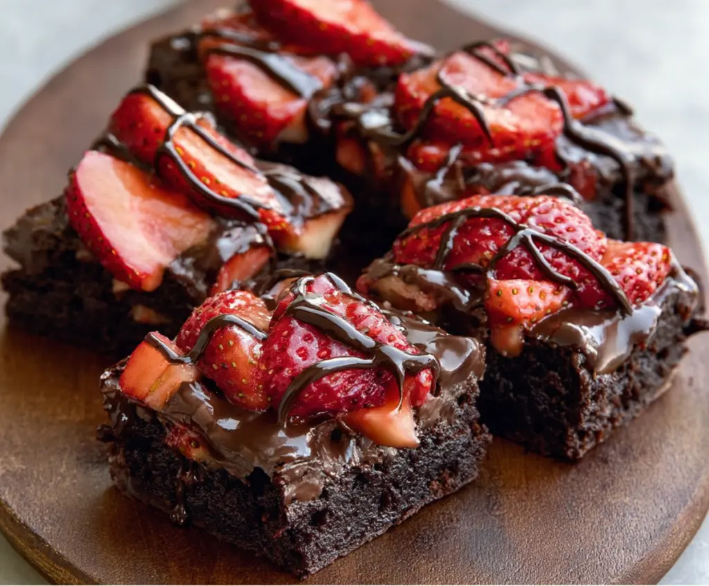 Delicious chocolate-covered strawberry brownies with glossy chocolate coating and fresh strawberries topping.