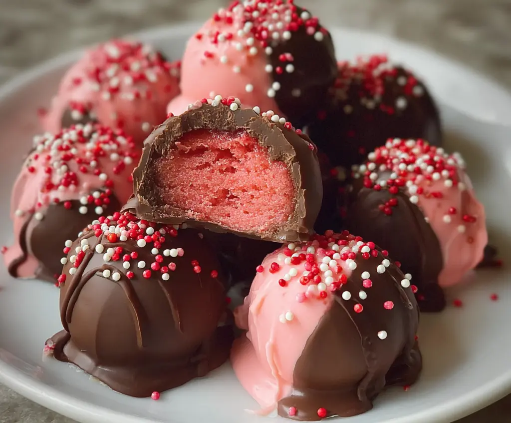Delicious chocolate-covered strawberry buttercreams on a plate, perfect for a sweet treat or dessert.
