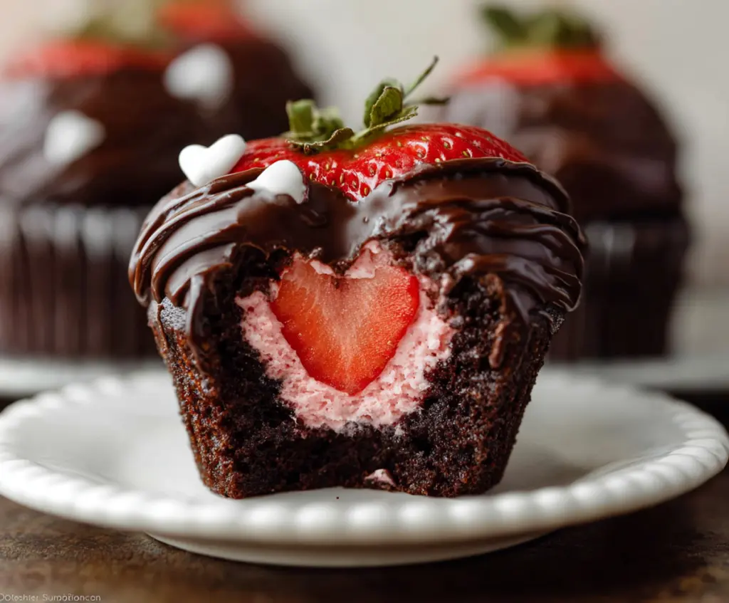 Delicious chocolate covered strawberry cupcakes topped with fresh strawberries and chocolate drizzle.