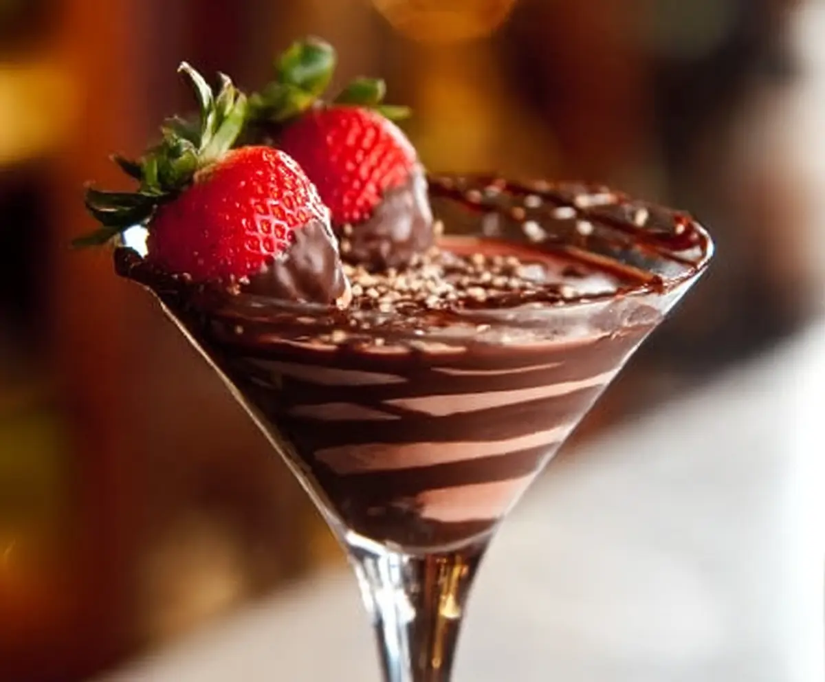 Delicious Chocolate Covered Strawberry Martini with fresh strawberries and rich chocolate coating in a elegant cocktail glass