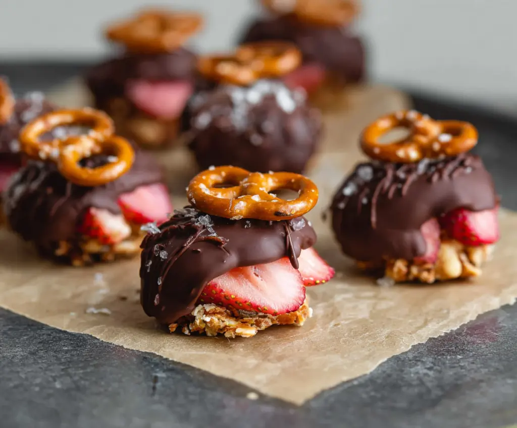 Delicious Chocolate-Dipped Strawberry Pretzel Bites with glossy chocolate coating and fresh strawberries on a platter.