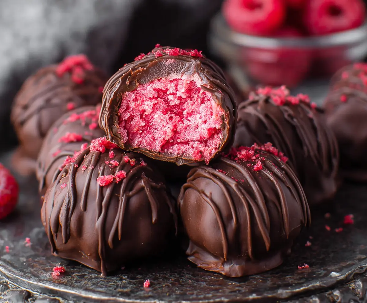 Delicious homemade chocolate raspberry truffles on a decorative plate, perfect for a sweet treat or gift.