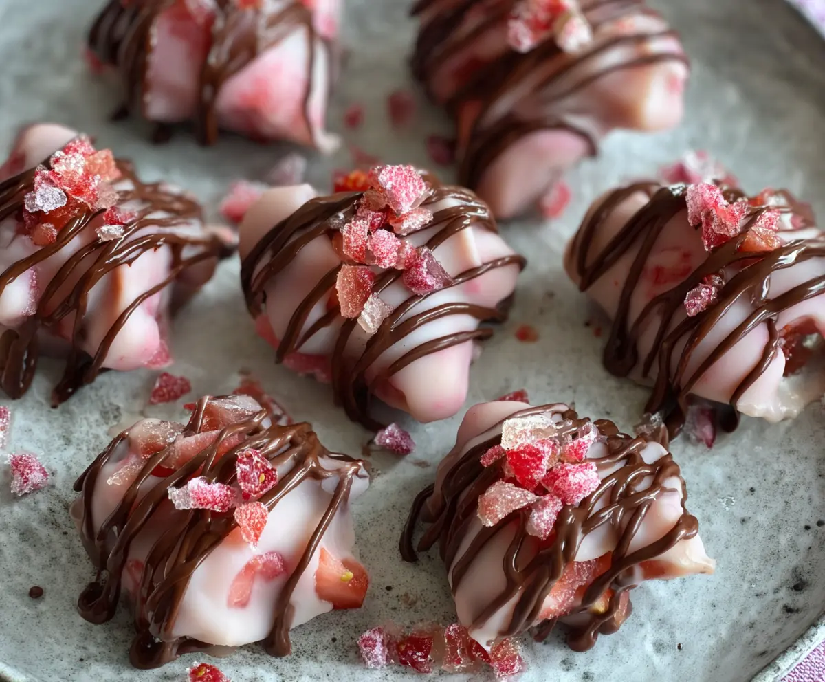 Delicious Chocolate Strawberry Yogurt Bites served on a white plate, perfect for a healthy snack or dessert.