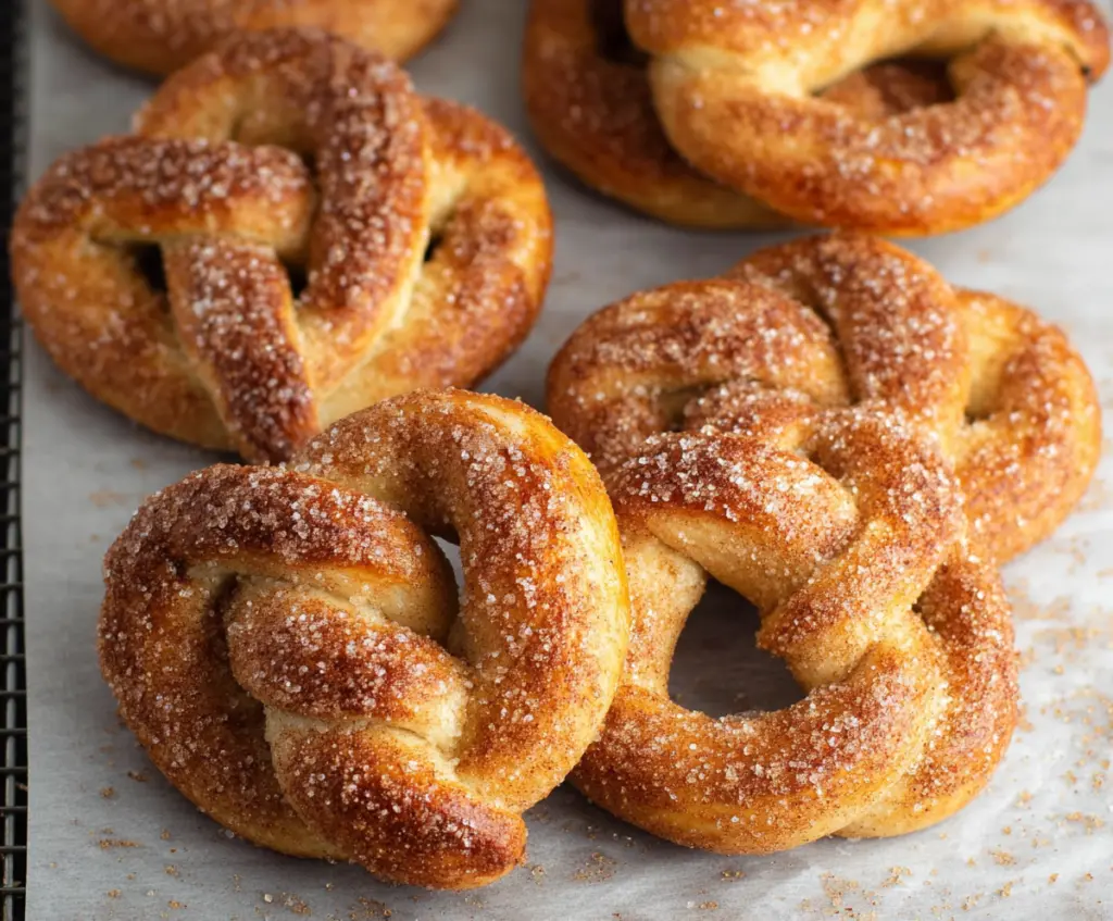 Delicious cinnamon sugar soft pretzels fresh out of the oven with a golden-brown crust.