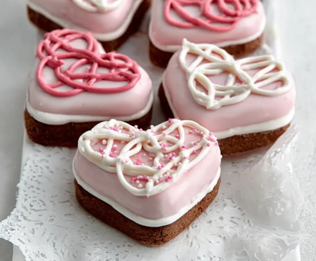 Delicious Copycat Little Debbie Valentines Cakes with pink frosting and heart-shaped sprinkles.