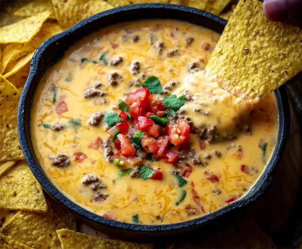Creamy Cowboy Queso dip with melted cheese, ground beef, and jalapenos in a rustic serving bowl.