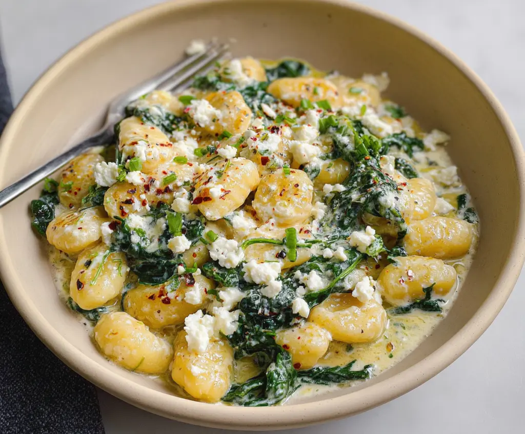 Creamy gnocchi with fresh spinach and crumbled feta cheese served on a white plate