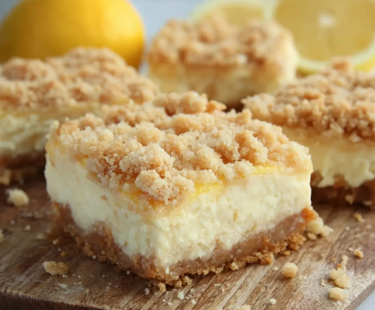 Delicious creamy lemon cheesecake crumb bars with a golden crumb topping on a white plate.