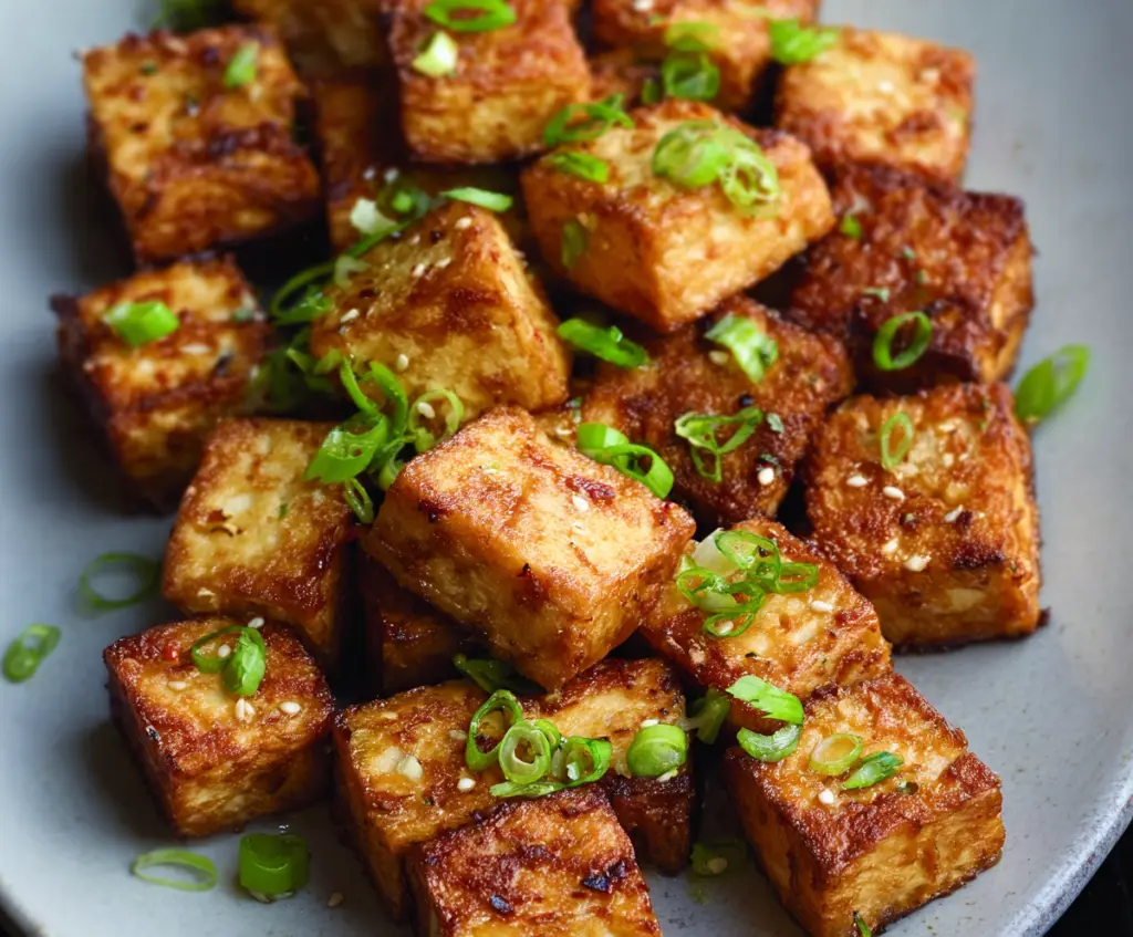 Golden crispy air fryer tofu served with fresh vegetables on a white plate.