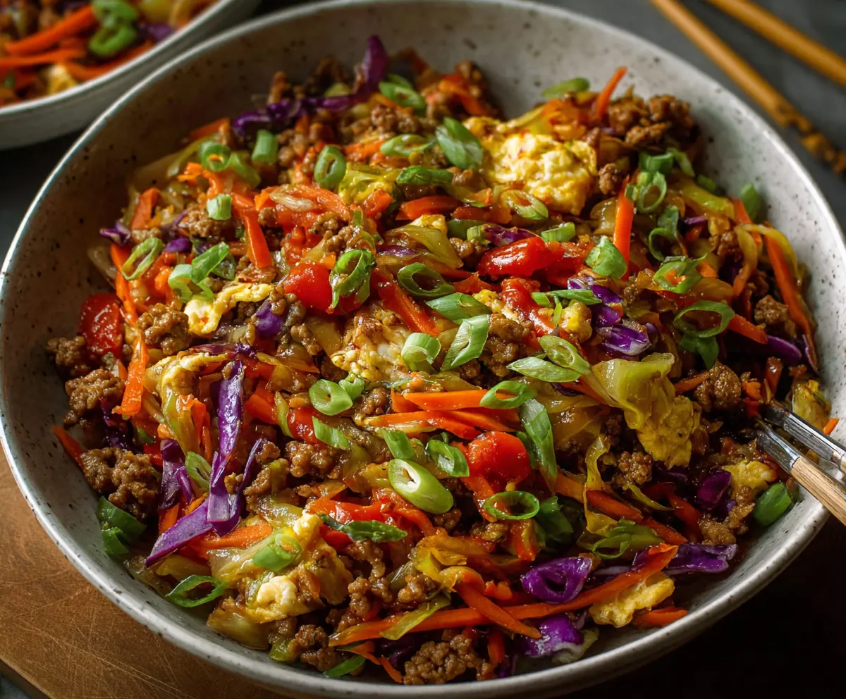 Healthy Egg Roll in a Bowl with shredded cabbage, carrots, and ground pork served in a bowl.