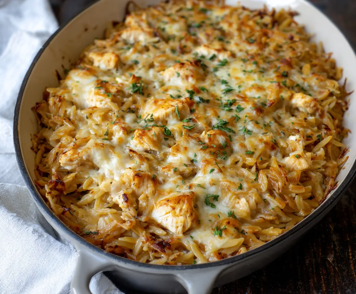 Hearty French Onion Chicken Orzo Casserole with melted cheese and caramelized onions in a baking dish.