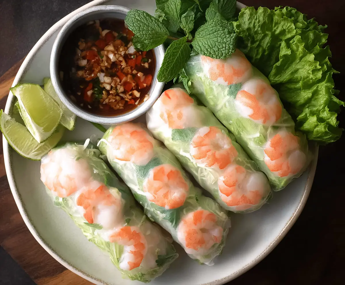 Fresh Vietnamese shrimp spring rolls with herbs and rice paper on a white plate