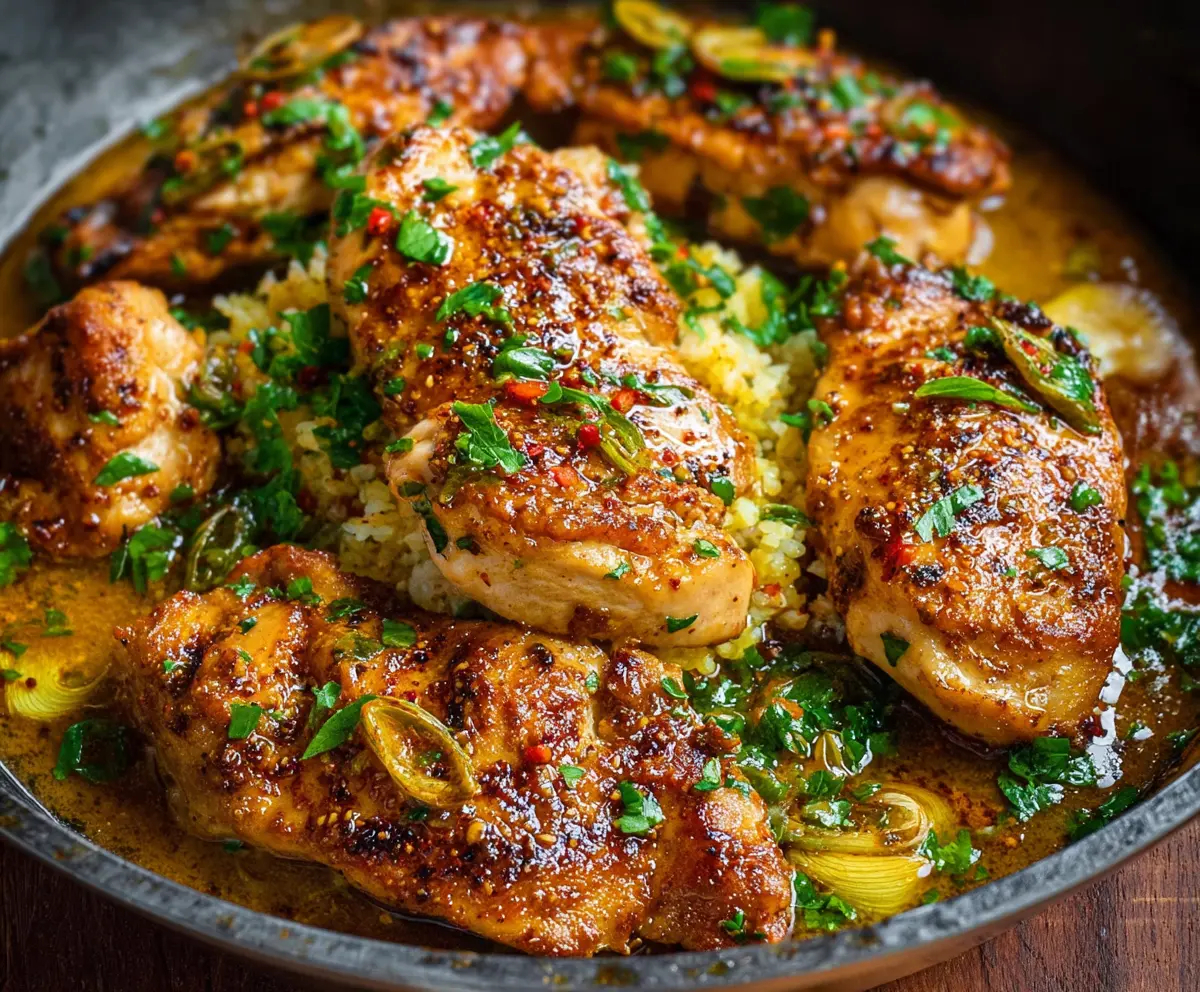 Juicy garlic butter chicken served on a plate with herbs