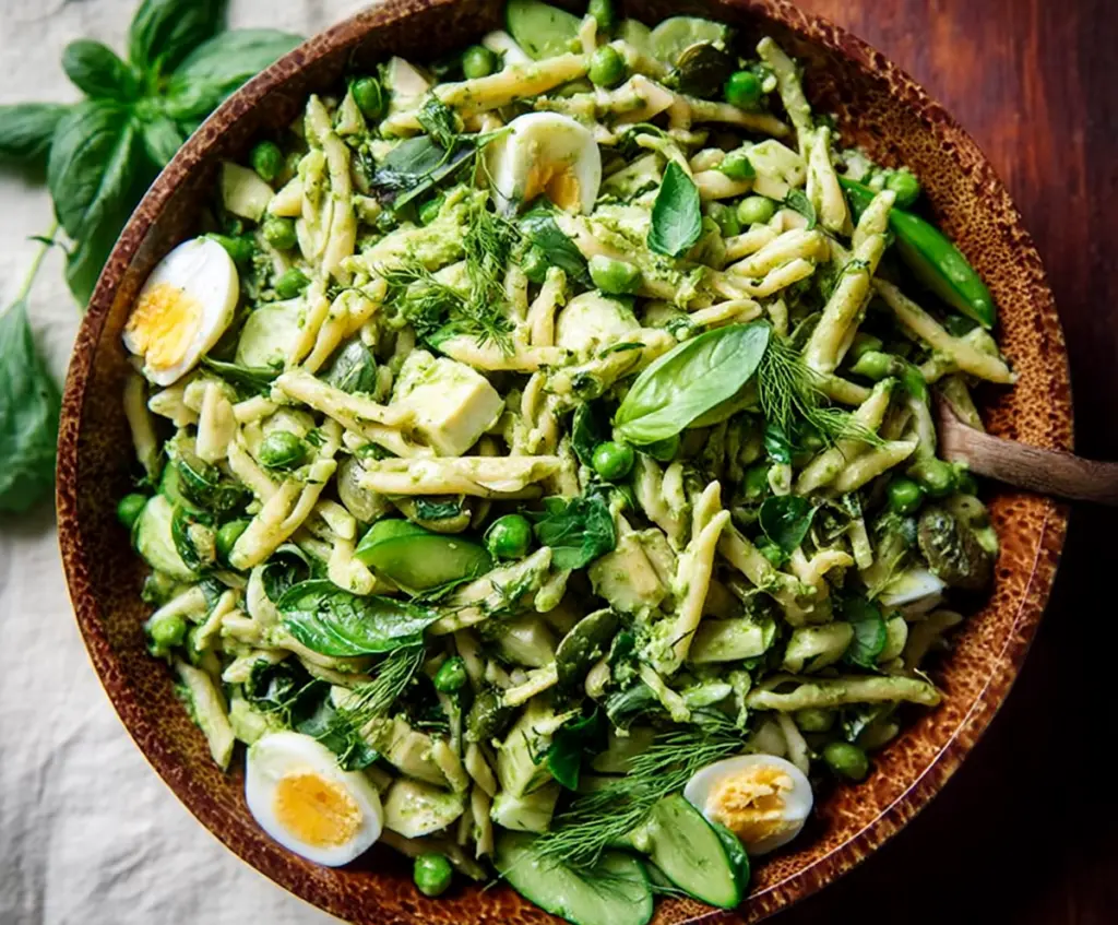 Colorful Green Goddess Pasta Salad with fresh herbs and vegetables, perfect for summer picnics.