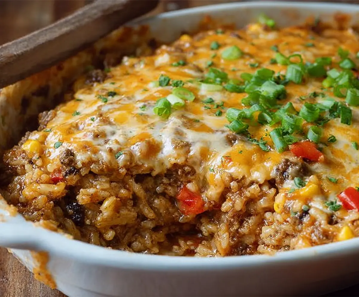 Delicious ground beef rice casserole topped with melted cheese and fresh herbs.