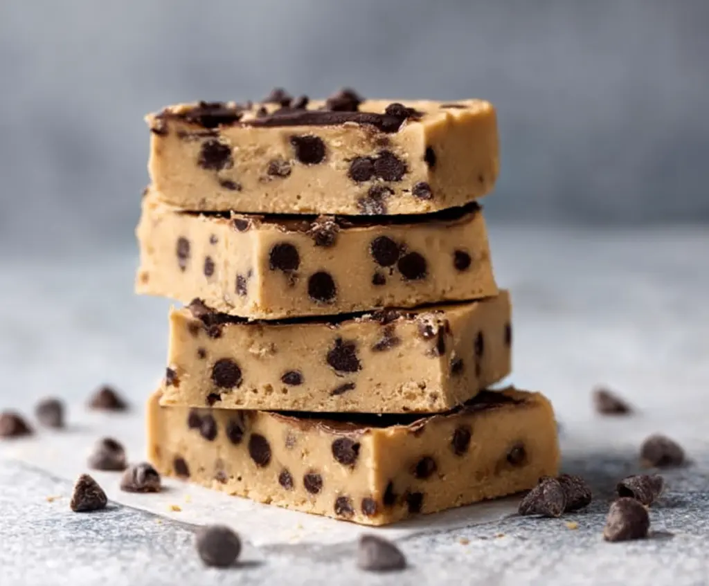 Healthy no bake cookie dough bars with oats, chocolate chips, and almond butter in a clear glass dish.