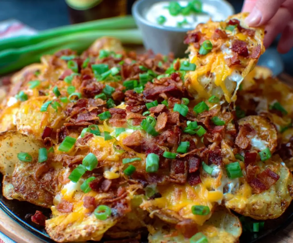 Golden Irish Pub Potato Nachos topped with melted cheese, jalapenos, and sour cream, served on a rustic wooden platter.