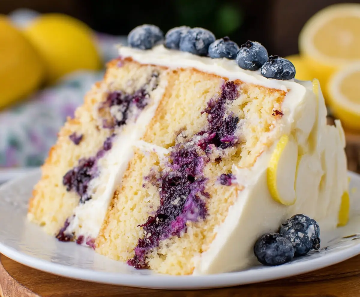 Delicious lemon blueberry cake with fresh blueberries and lemon zest on top, perfect for summer desserts.