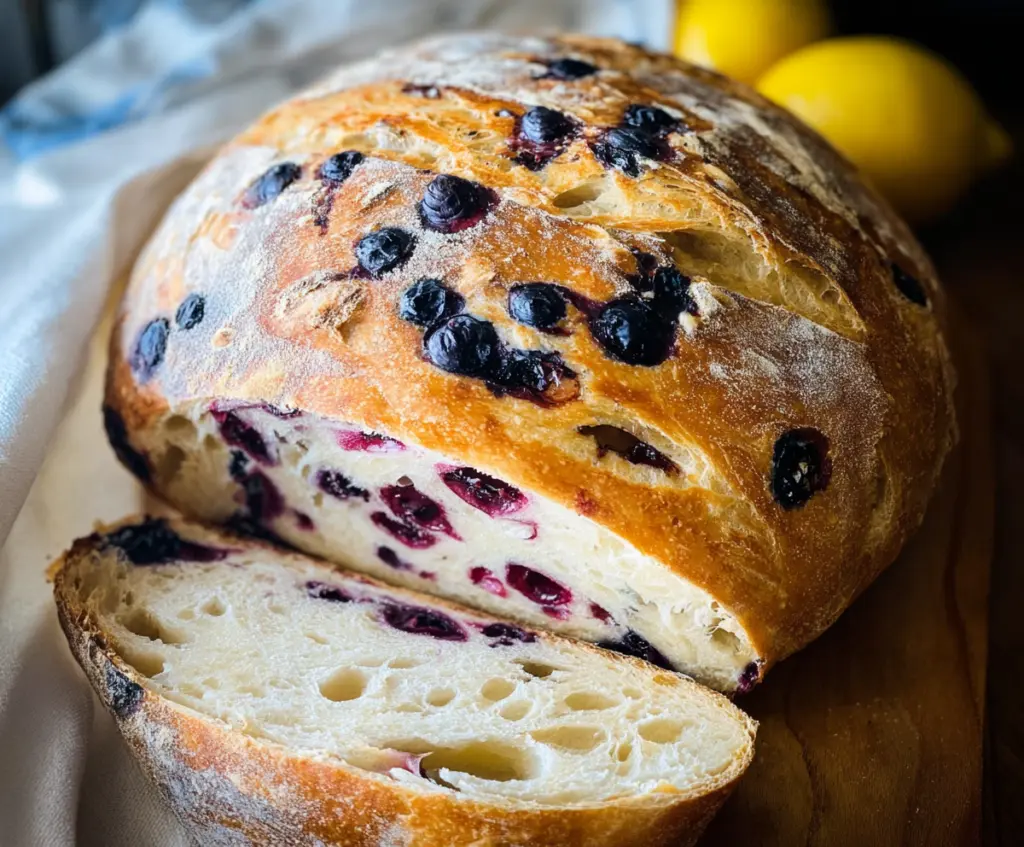 Delicious Lemon Blueberry Sourdough Bread sliced on a wooden cutting board, showcasing fresh blueberries and lemon zest.