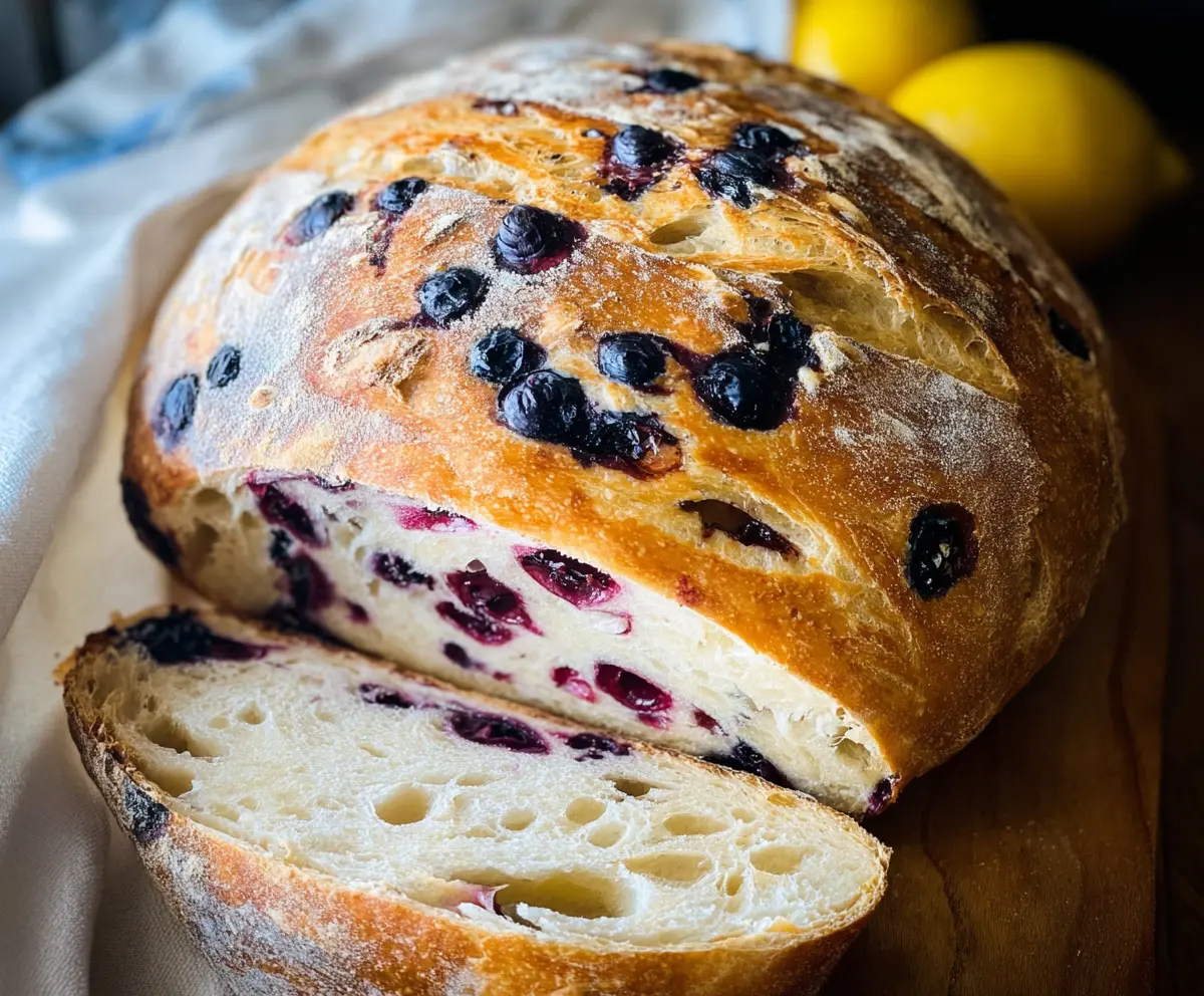 Delicious Lemon Blueberry Sourdough Bread sliced on a wooden cutting board, showcasing fresh blueberries and lemon zest.