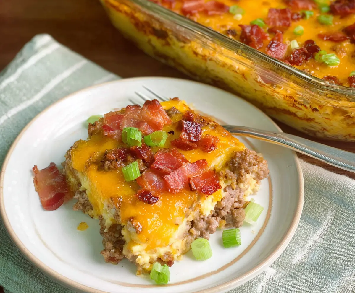 Delicious low-carb bacon cheeseburger casserole with melted cheese and crispy bacon on top.
