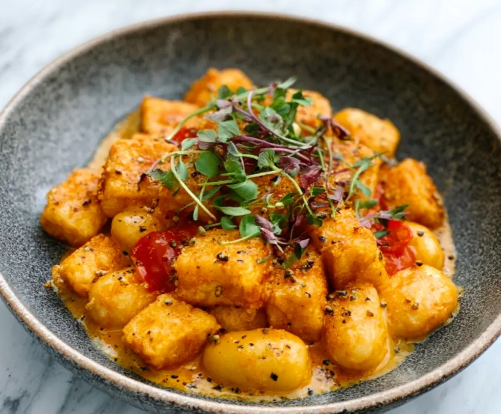 Marry Me Crispy Tofu served with golden gnocchi on a stylish plate, highlighting a vegetarian gourmet meal.