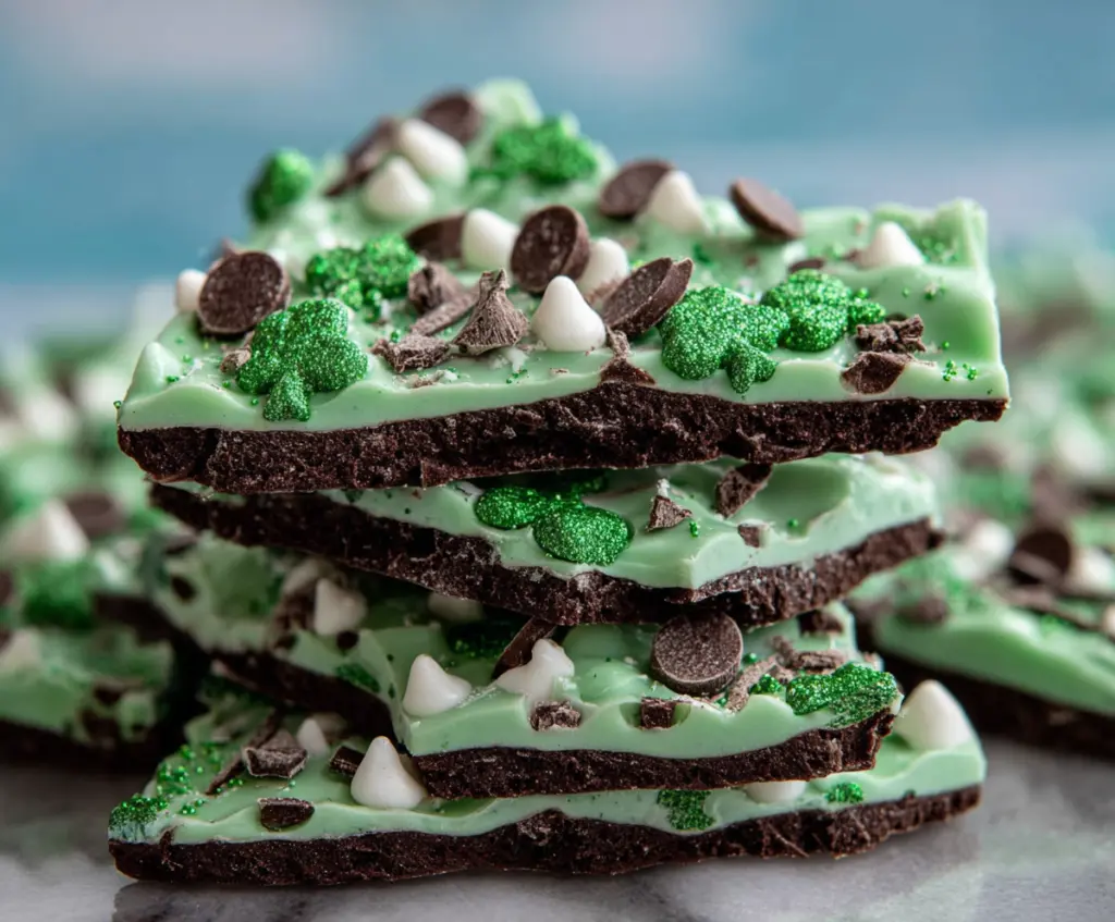 Delicious Mint Chocolate Shamrock Bark with green mint layers and chocolate toppings for St. Patrick's Day