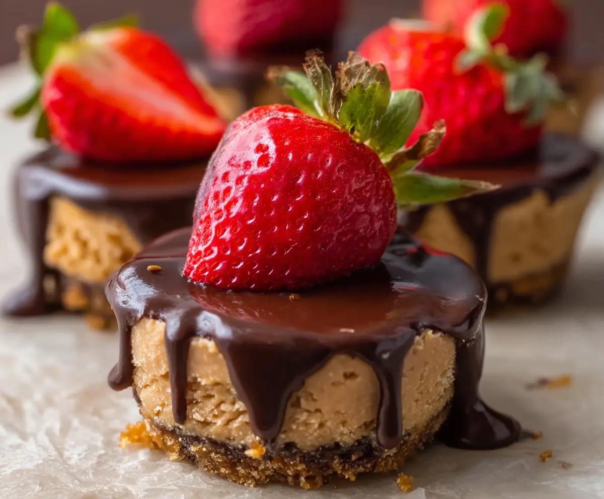 Delicious no-bake chocolate covered strawberry cheesecake cups with fresh strawberries and creamy filling.