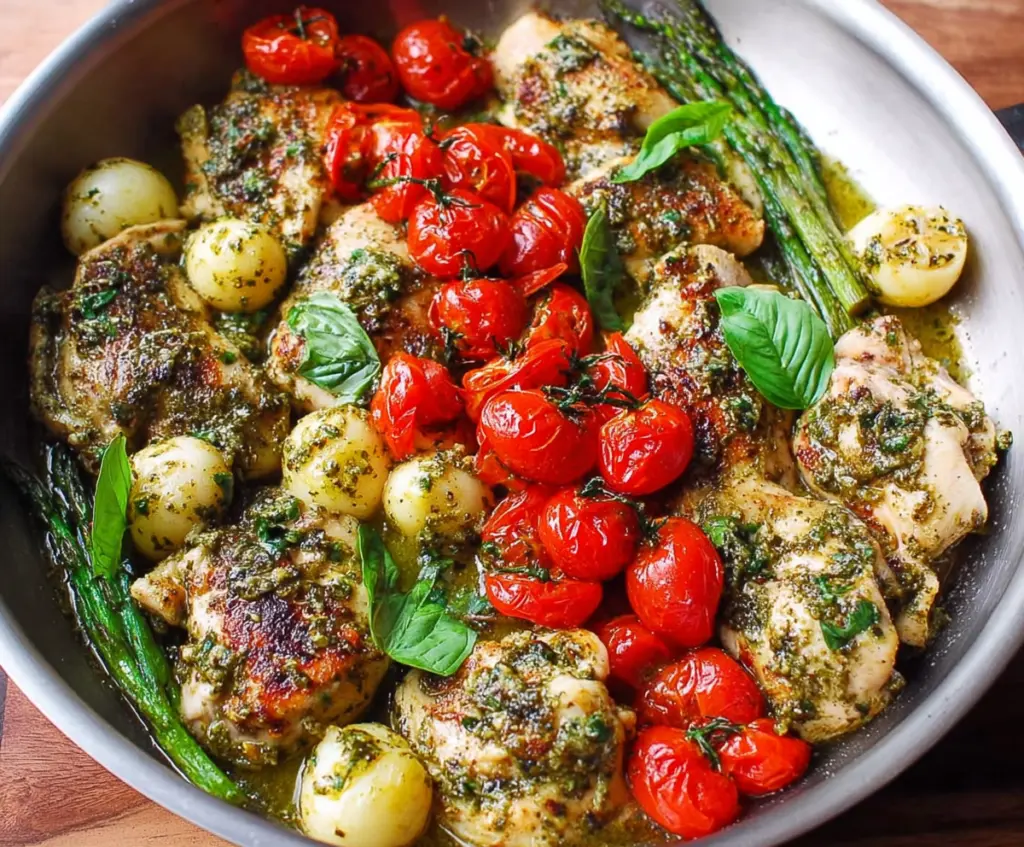 Delicious One-Pan Pesto Chicken served on a plate with fresh herbs and vegetables.