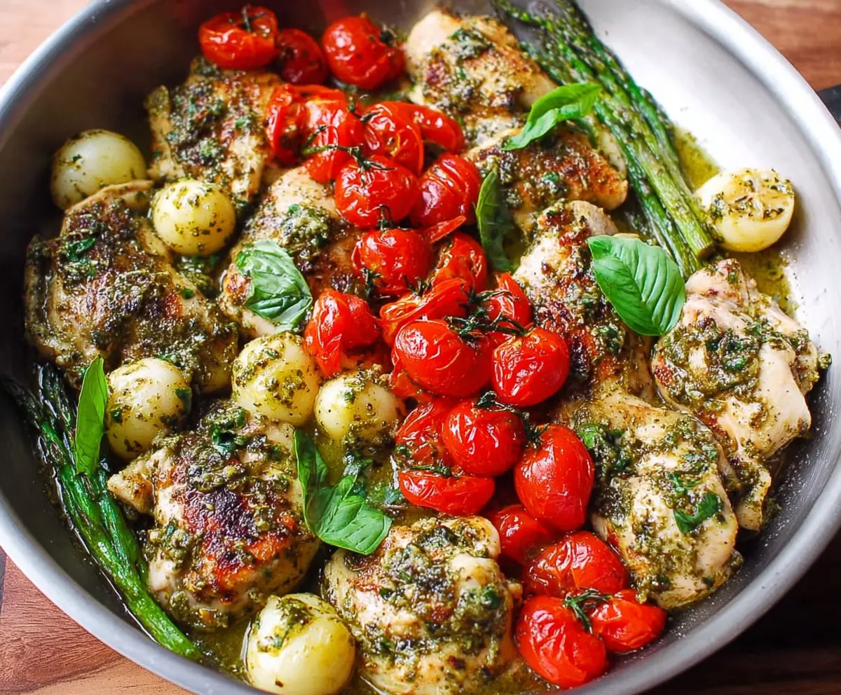 Delicious One-Pan Pesto Chicken served on a plate with fresh herbs and vegetables.