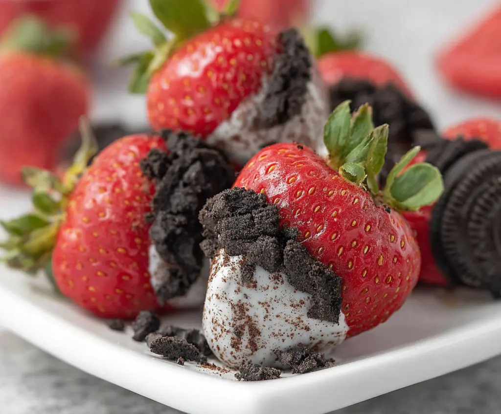 Delicious Oreo truffle-stuffed strawberries garnished with chocolate drizzle, perfect for dessert lovers.