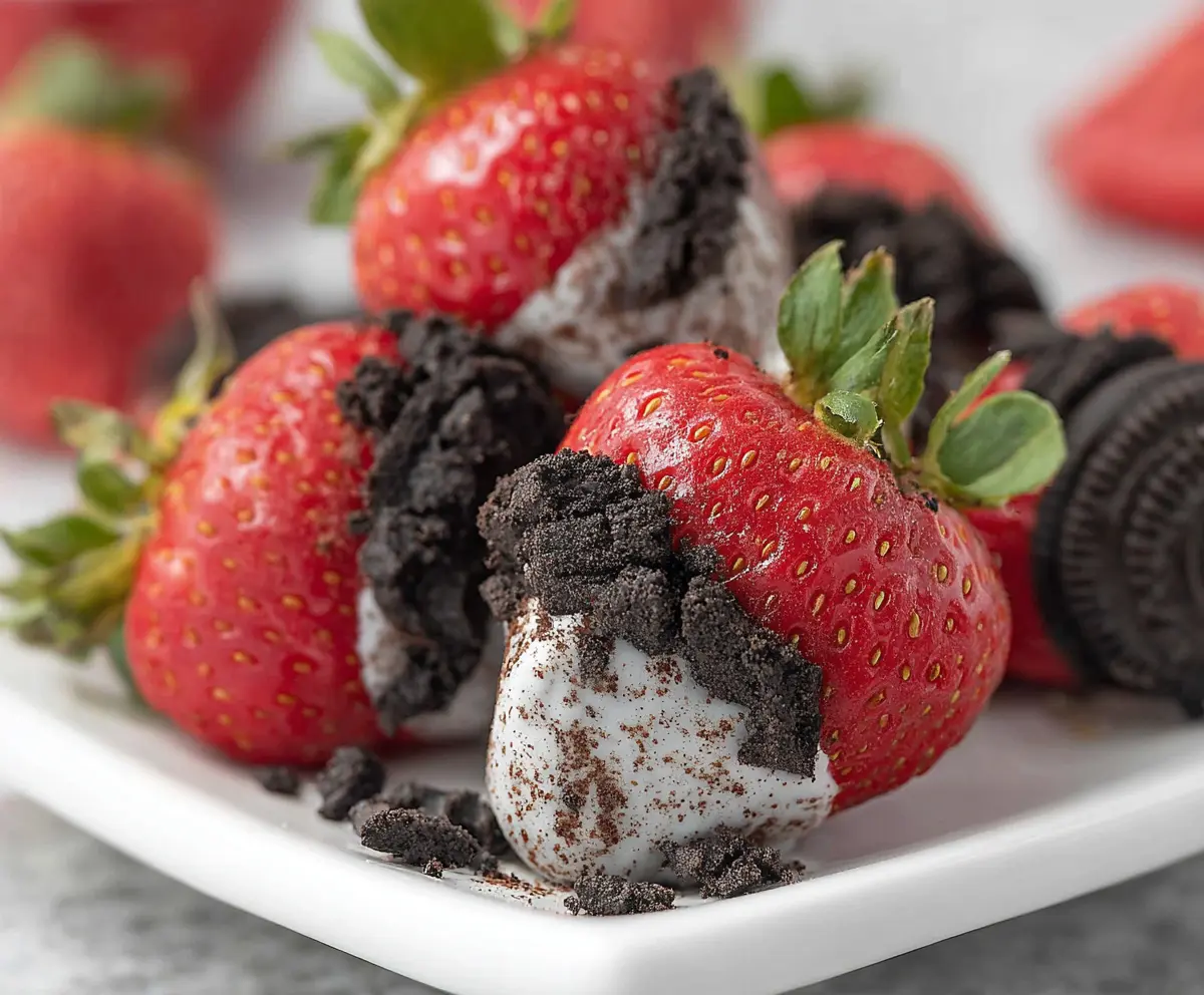 Delicious Oreo truffle-stuffed strawberries garnished with chocolate drizzle, perfect for dessert lovers.