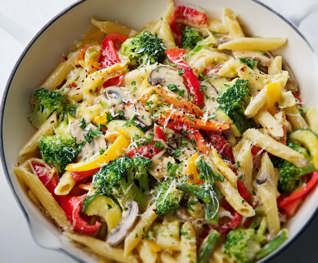 Colorful Pasta Primavera with fresh vegetables and herbs served on a white plate.