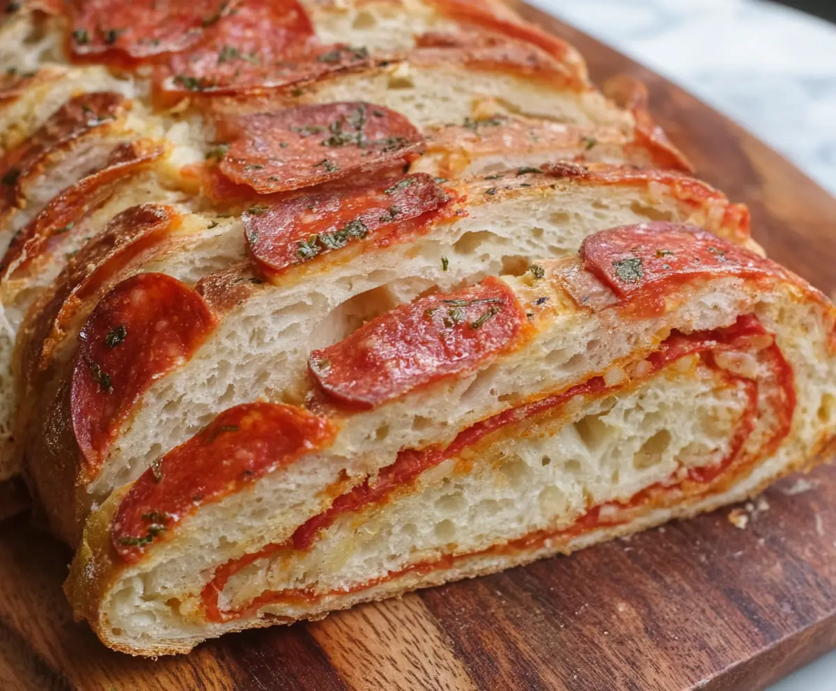 Delicious homemade pepperoni pizza sourdough bread with melted cheese and crispy crust.