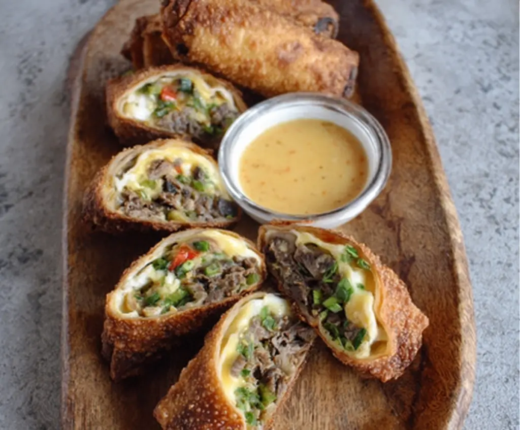 Delicious Philly Cheesesteak Egg Rolls with melted cheese and thinly sliced beef in crispy spring roll wrappers.