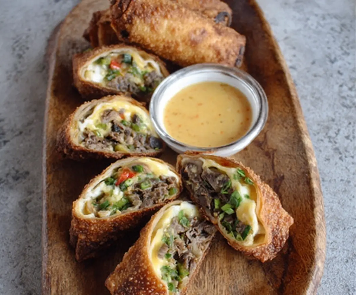 Delicious Philly Cheesesteak Egg Rolls with melted cheese and thinly sliced beef in crispy spring roll wrappers.