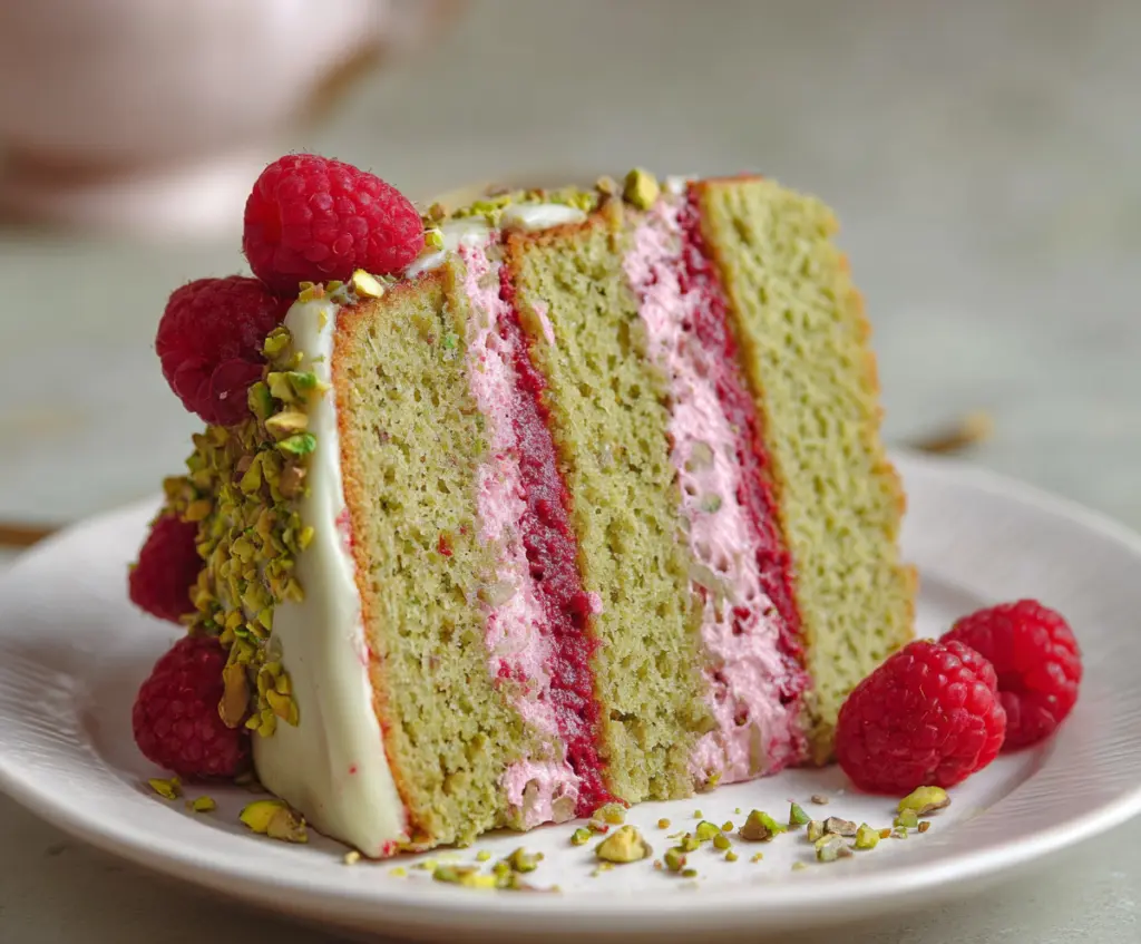 Delicious pistachio raspberry cake with vibrant red raspberry toppings and green pistachio garnishes