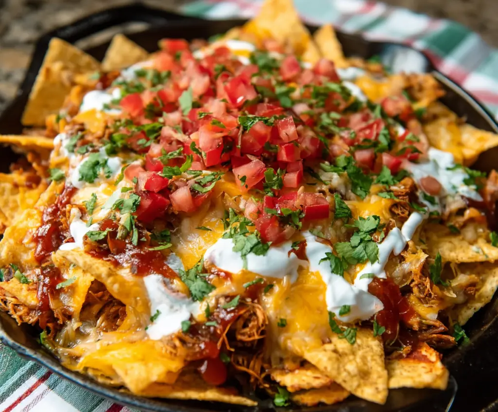 Delicious pulled pork nacho supreme topped with melted cheese, jalapenos, and fresh toppings on a crispy chip plate.